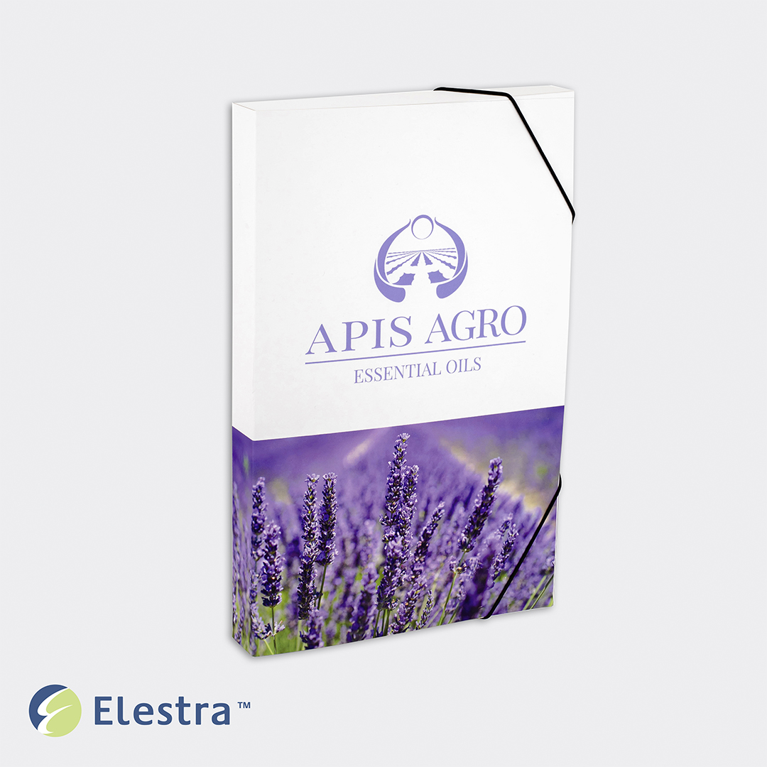 Folder with 2 cm back, elastic bands closing with products inside